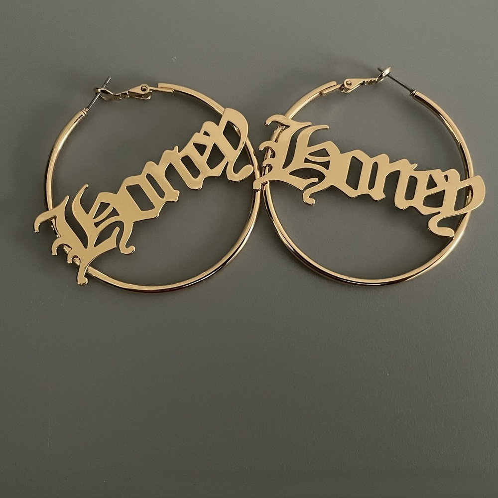 Women’s F21 gold lettering hoops